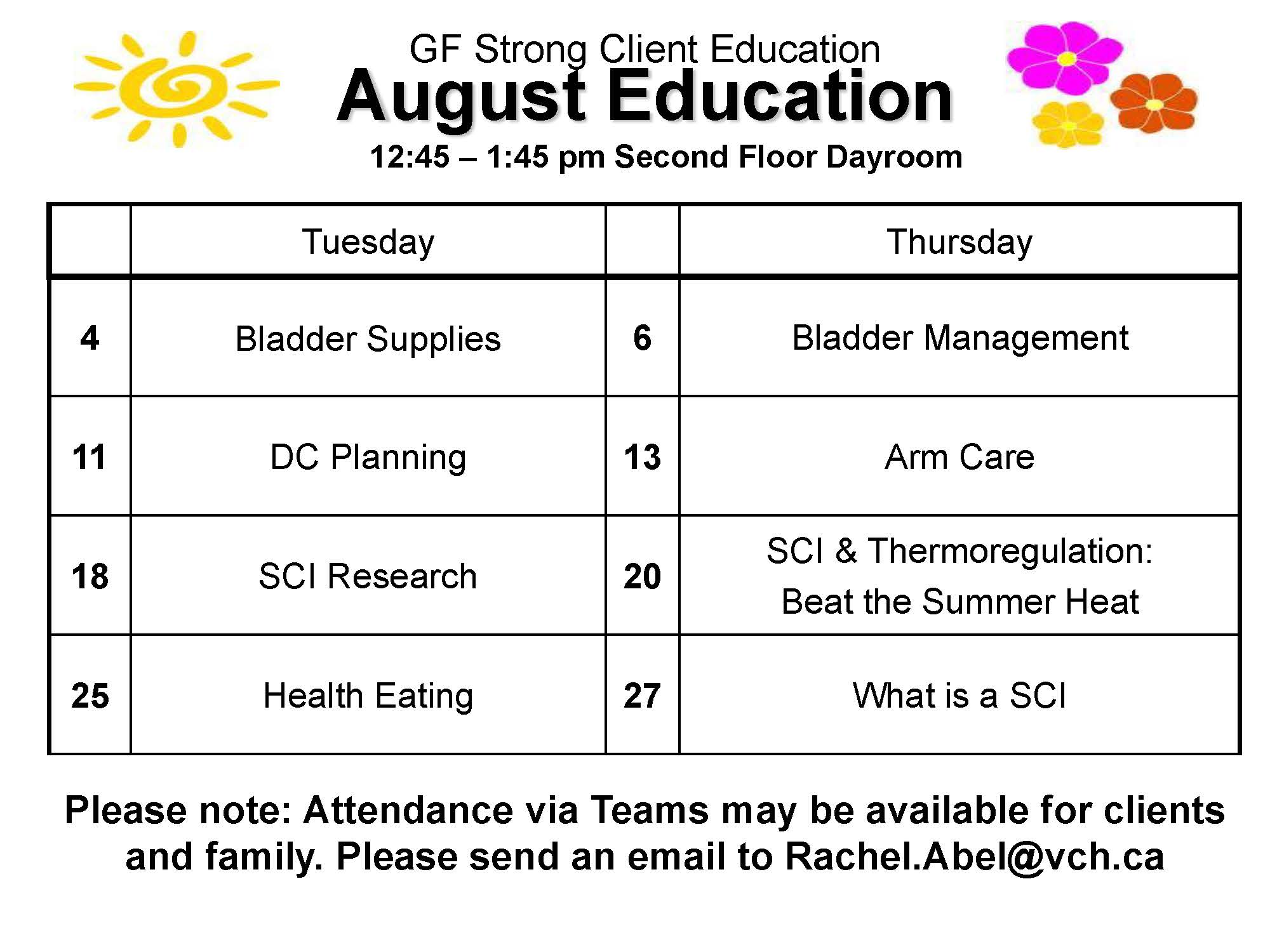 Aug 2026 GF Strong Rehabilitation Spinal Cord Injury Client Education Calendar June 2024